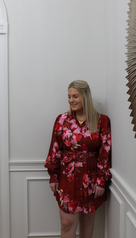 Crimson Florals Belted Dress