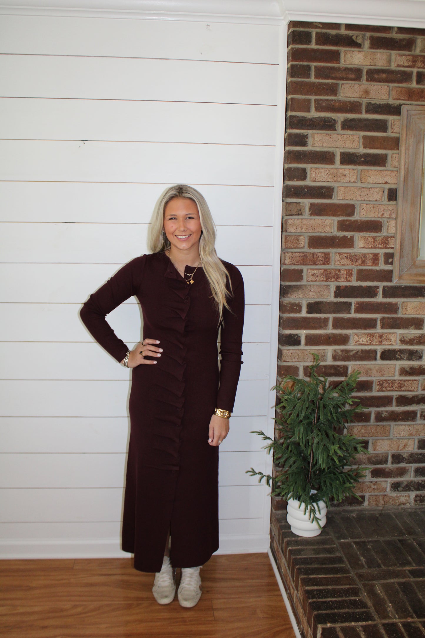 The Burgundy Pleated Knit Dress