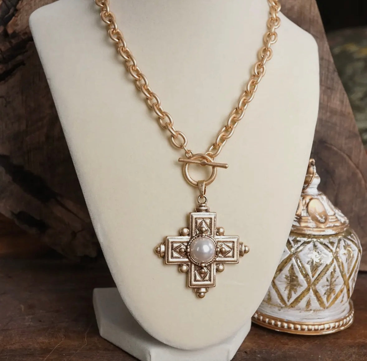 Golden Pearl Cross Necklaces