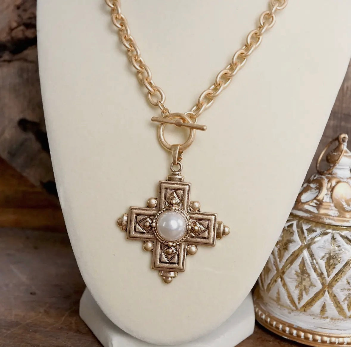 Golden Pearl Cross Necklaces