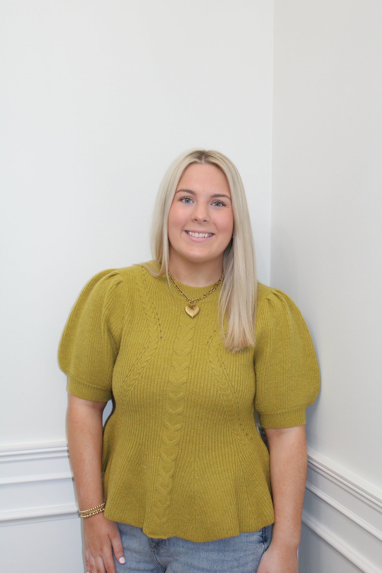 Golden Olive Puff Sleeve Knit Top