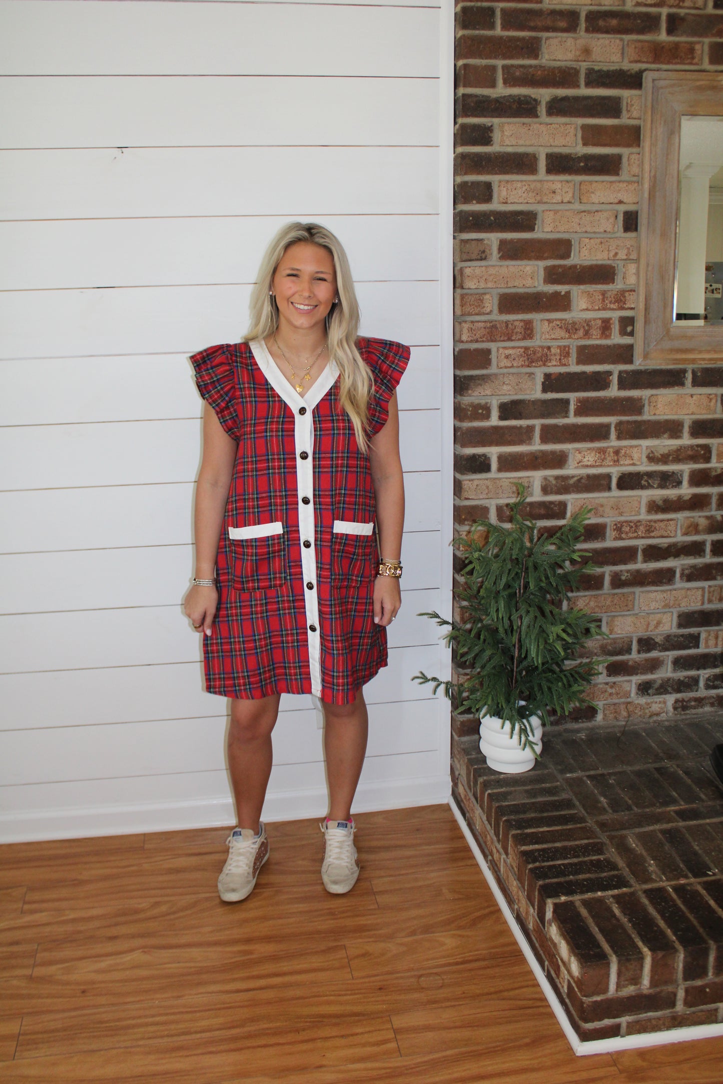 The Merry Plaid Button Dress
