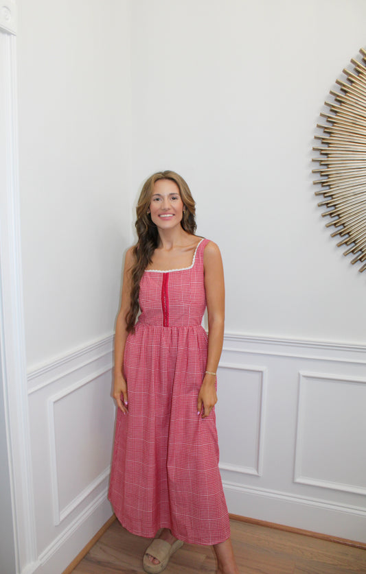The Sweet Strawberry Gingham Midi Dress