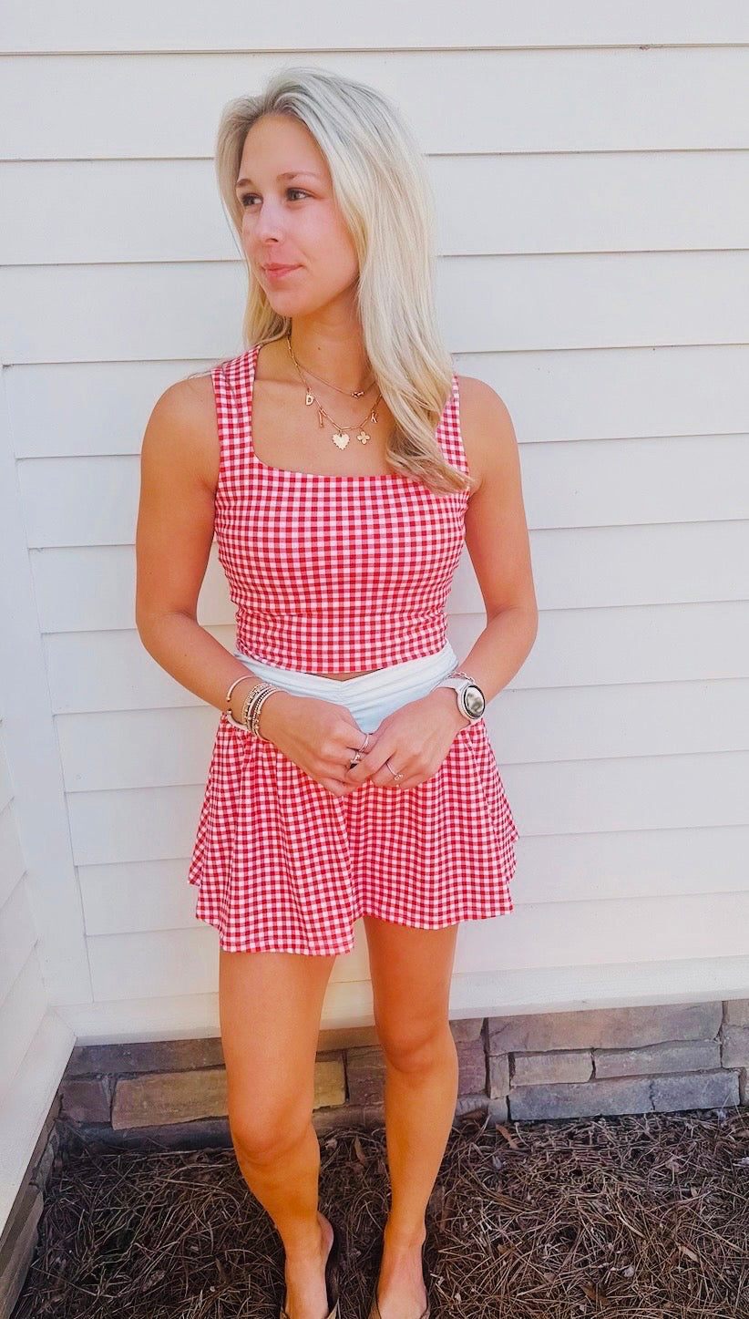 Red Gingham Square Neck Top