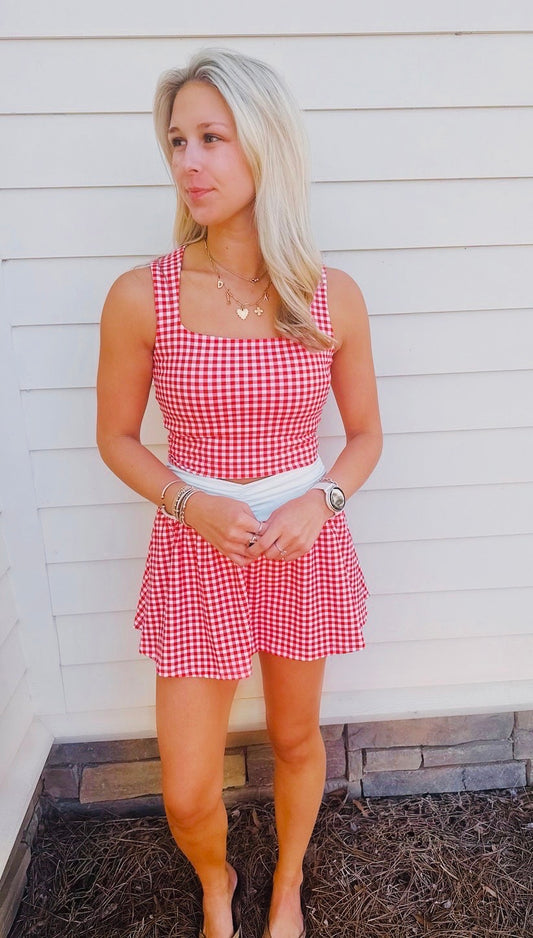 Red Gingham Square Neck Top