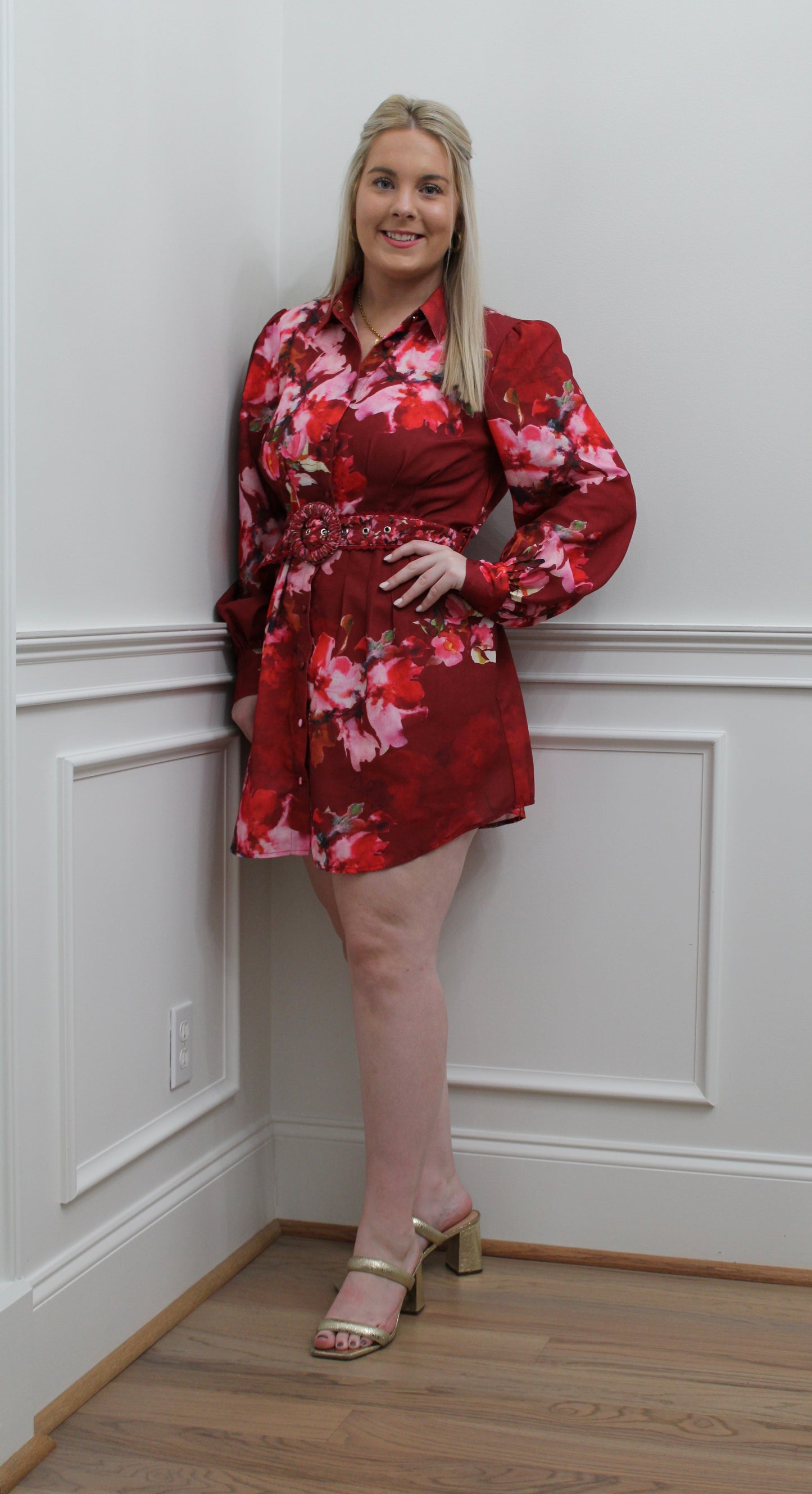Crimson Florals Belted Dress